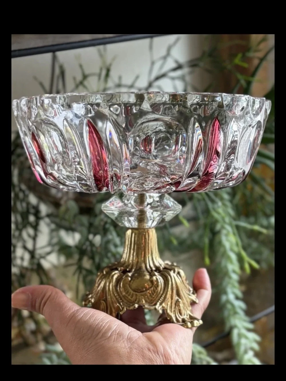 Pedestal Compote Bowl Nuts Cut Crystal Ruby Flash Brass Base Ornate Regency L&L
